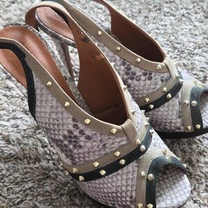 Schutz Snakeskin Studded Slingback Heels Sandals